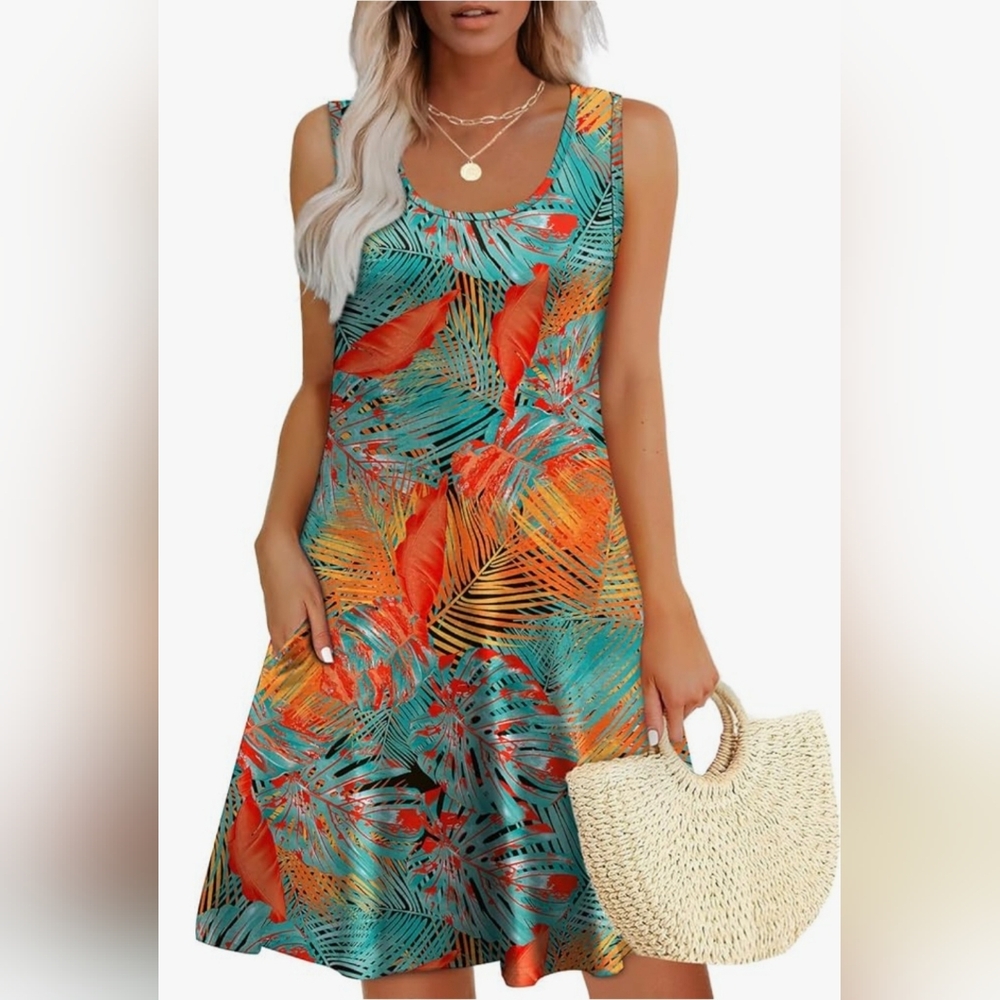 Tropical Leaf Print Sleeveless Dress